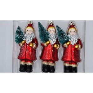 Ashland Santa Glass Christmas Ornaments Set of 3 Red Glitter Bottle Brush Trees